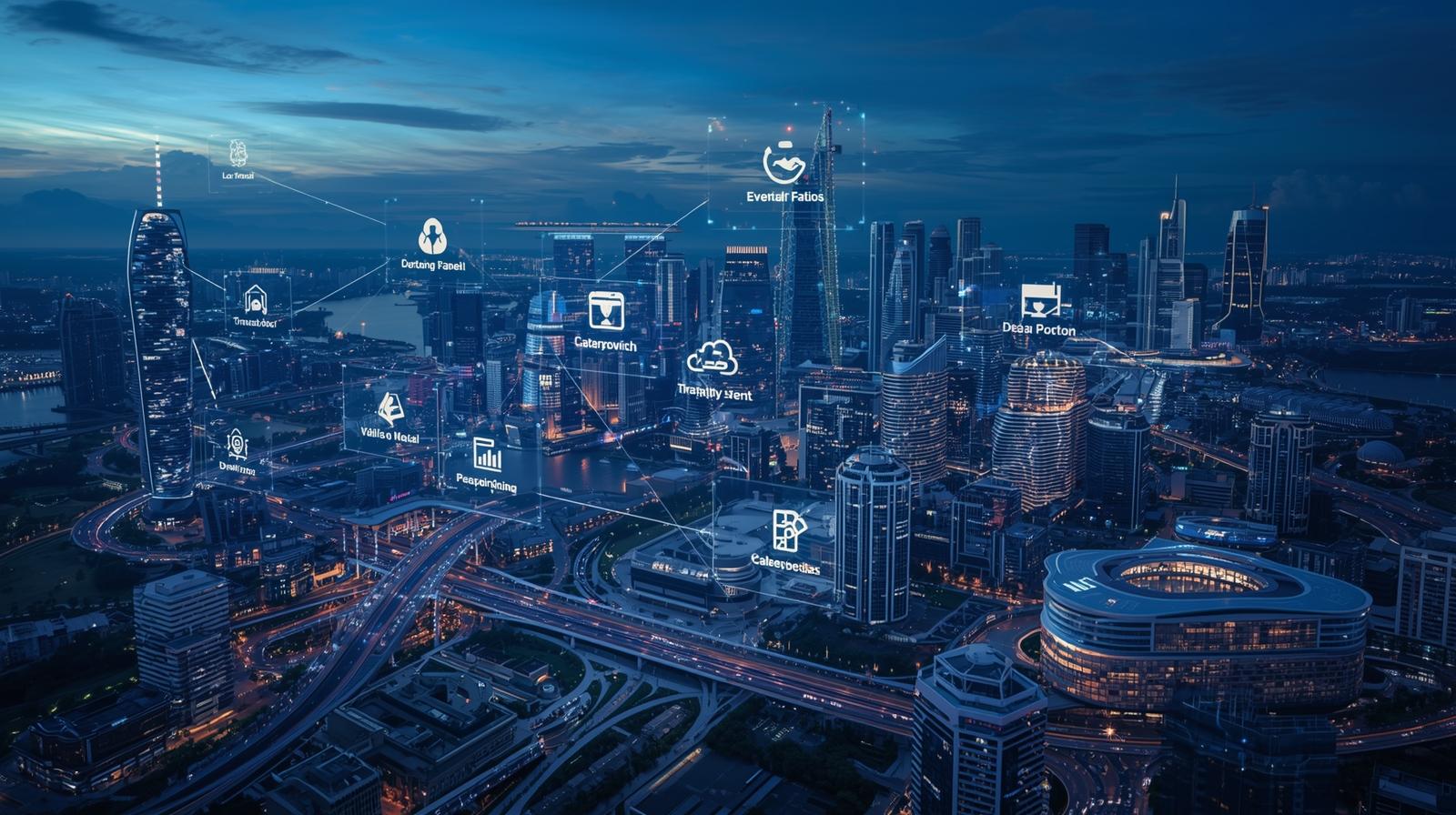 Singapore city skyline with digital network overlays and data icons, representing Carddio CRM technology for lead management and event-driven customer engagement in 2026.