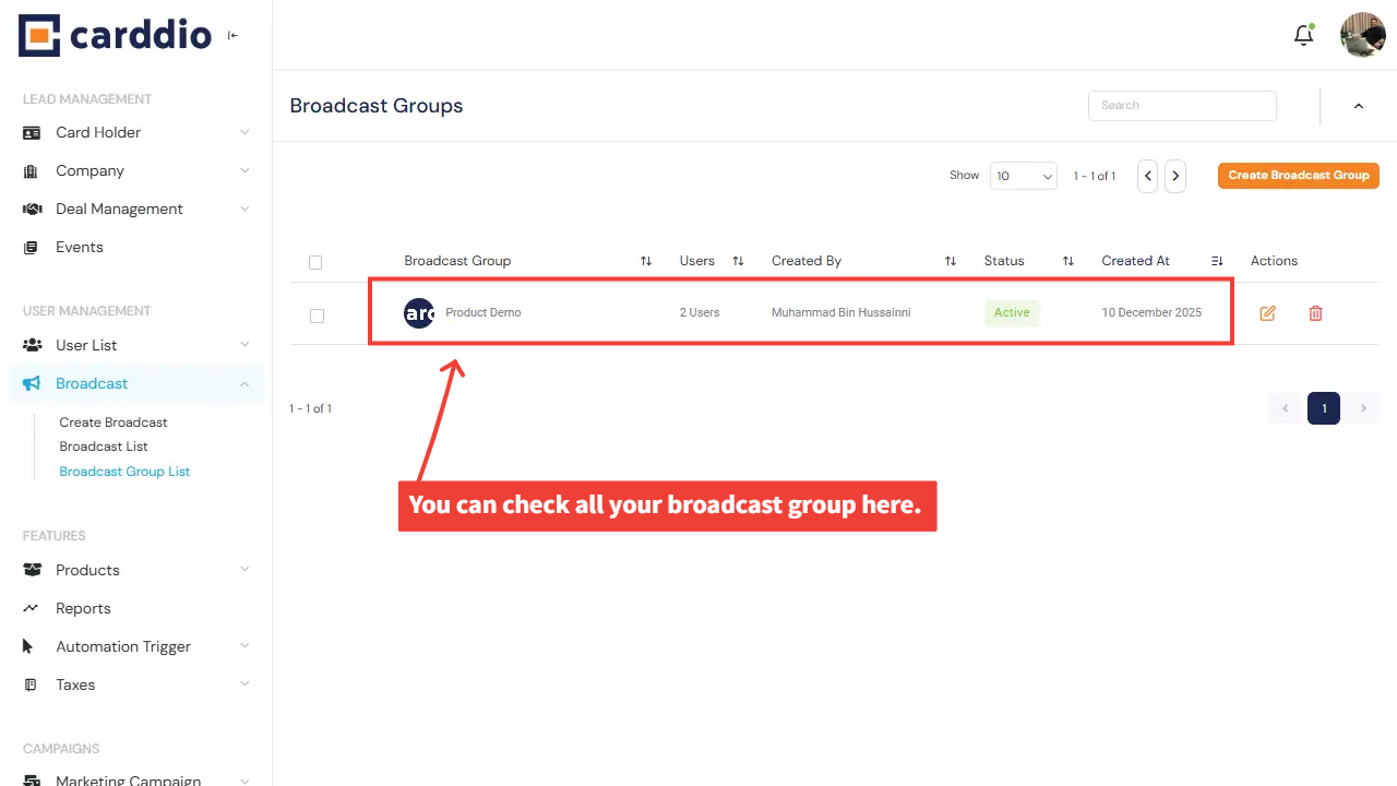 Broadcast Group List Page