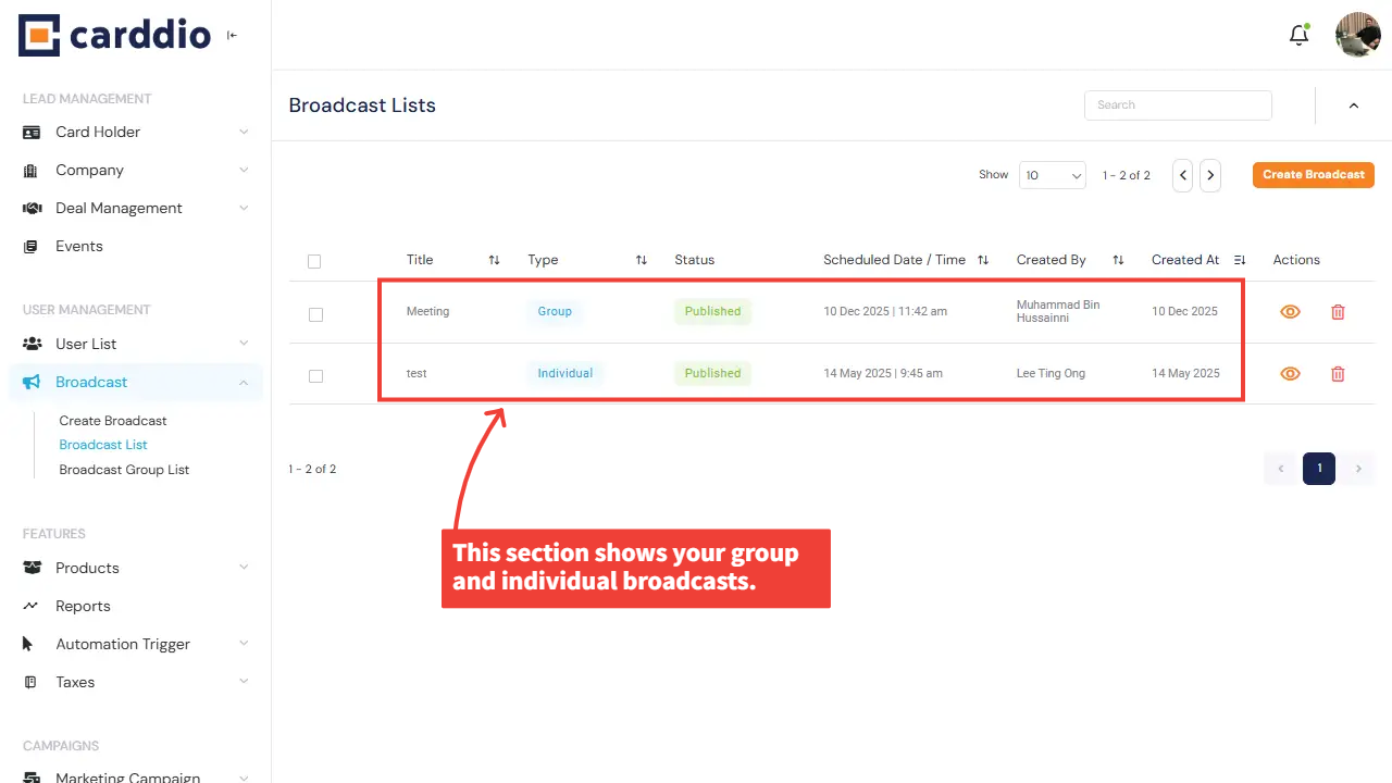 Broadcast List Page - After Create