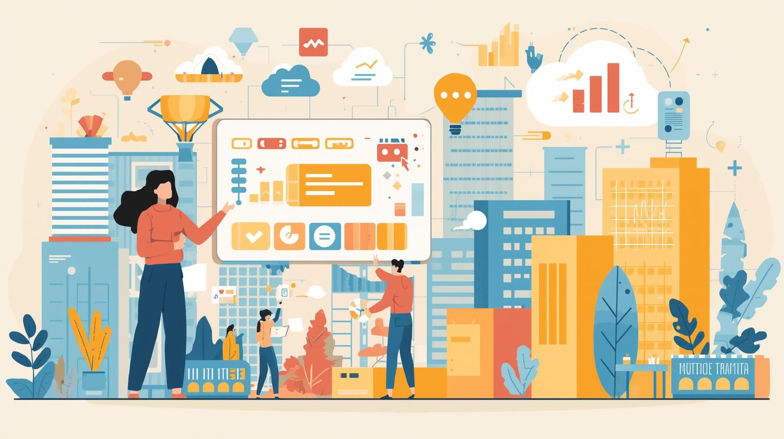 Illustrated cityscape with people interacting with a cloud-based CRM dashboard and data visualizations, representing Carddio cloud CRM solutions for Singapore SMEs in 2026.