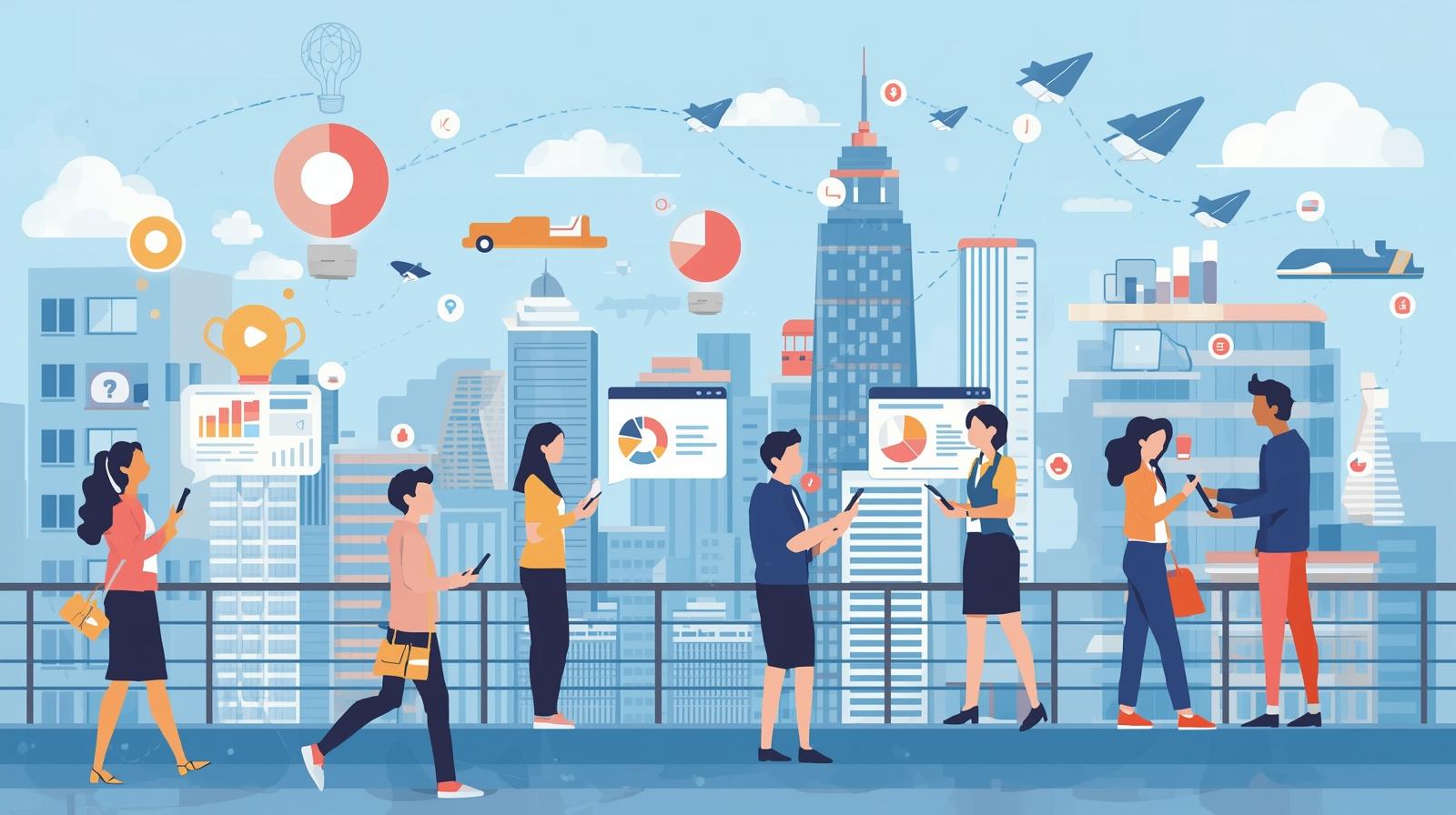 Illustration of business professionals using mobile devices with CRM charts and data overlays in a city setting, representing Carddio mobile-first CRM solutions for Singapore’s on-the-go sales teams.