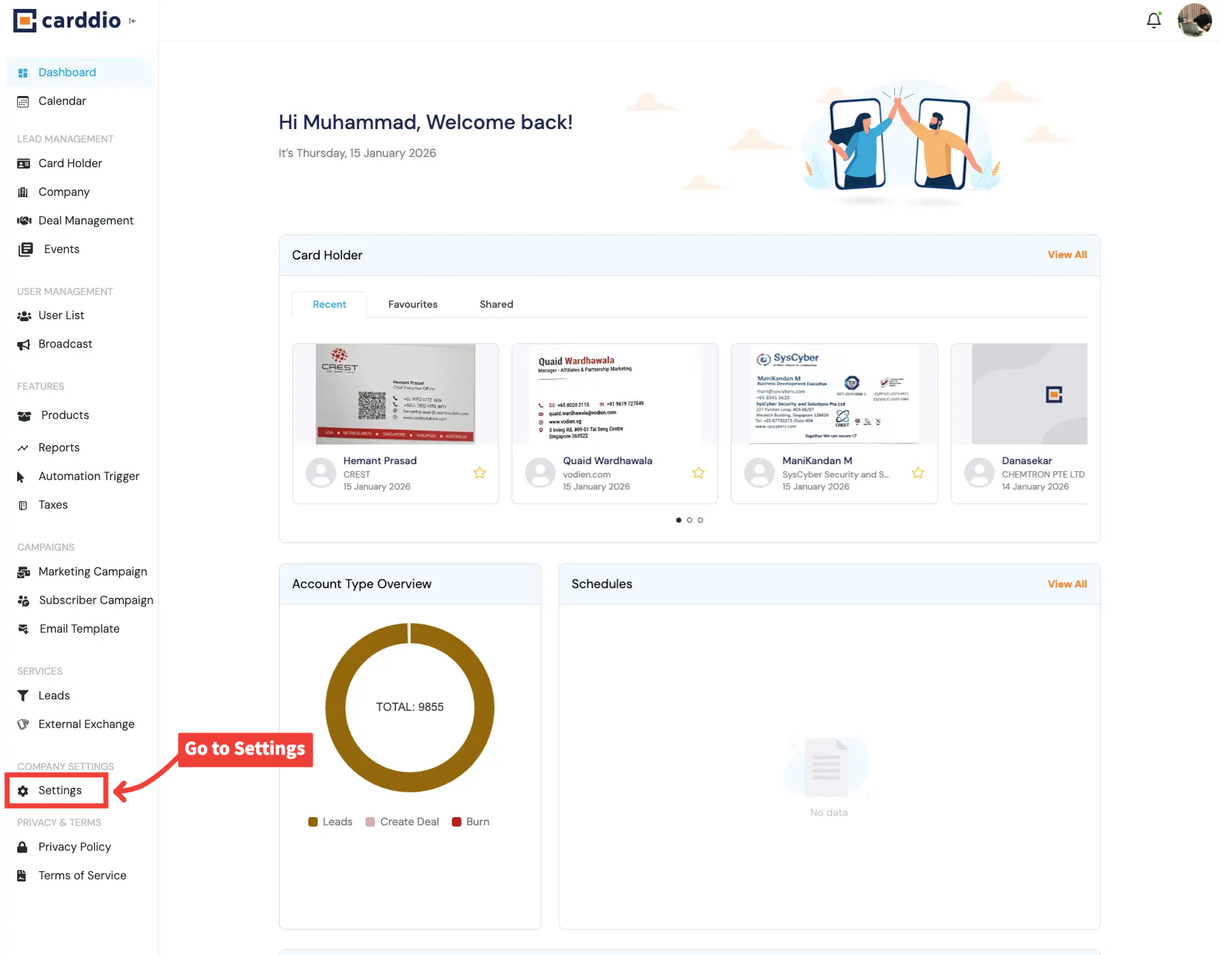 Dashboard - Go to Settings
