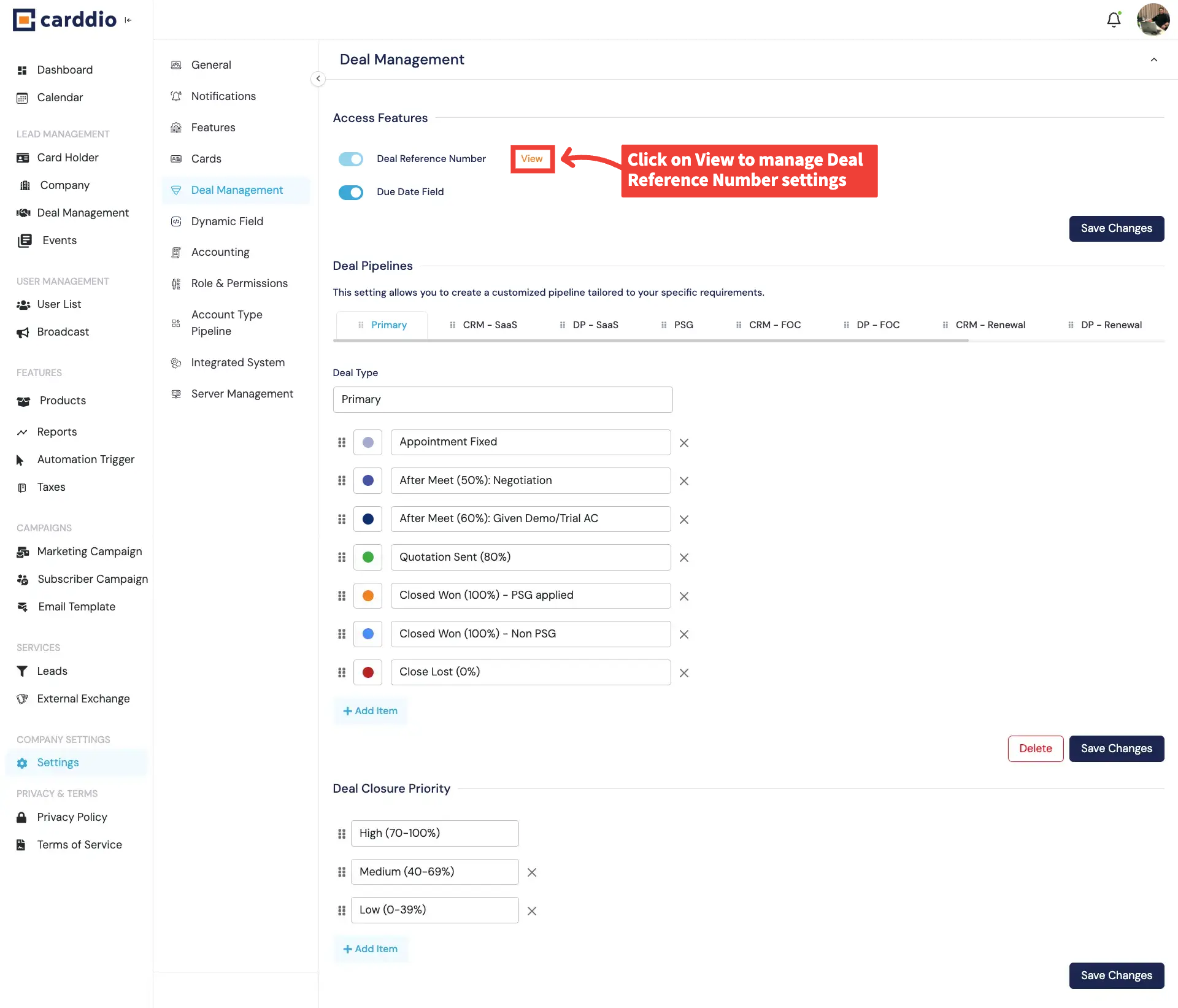 Access Features - Deal Reference & Due Date