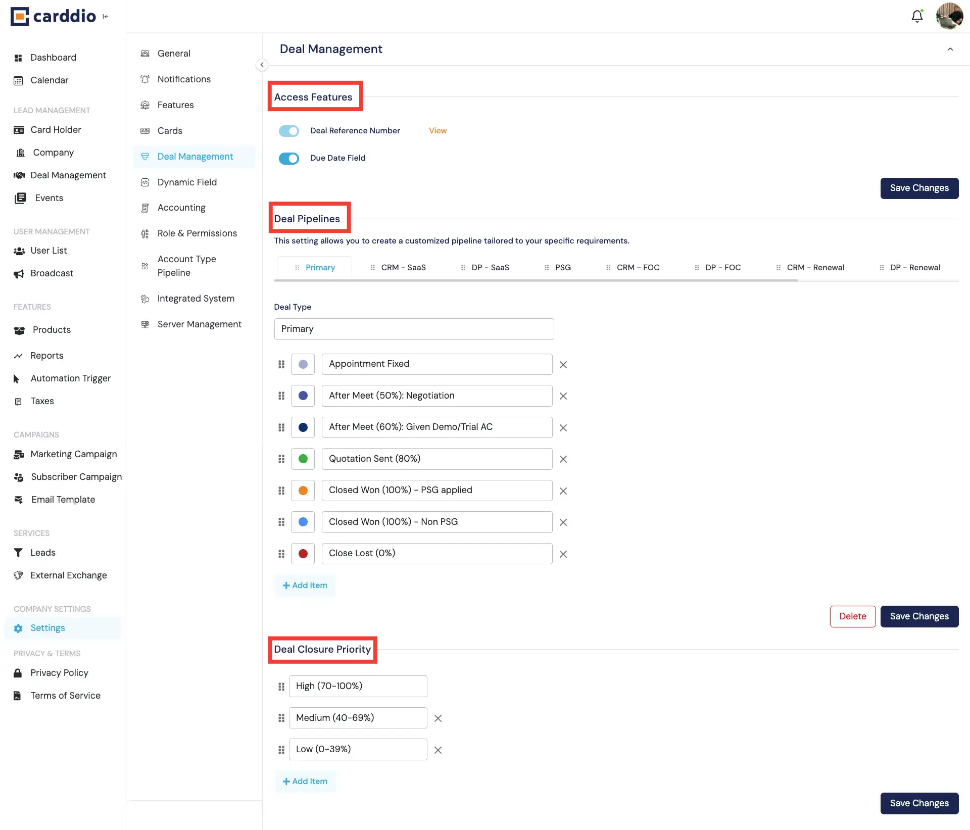 Deal Management Index Page