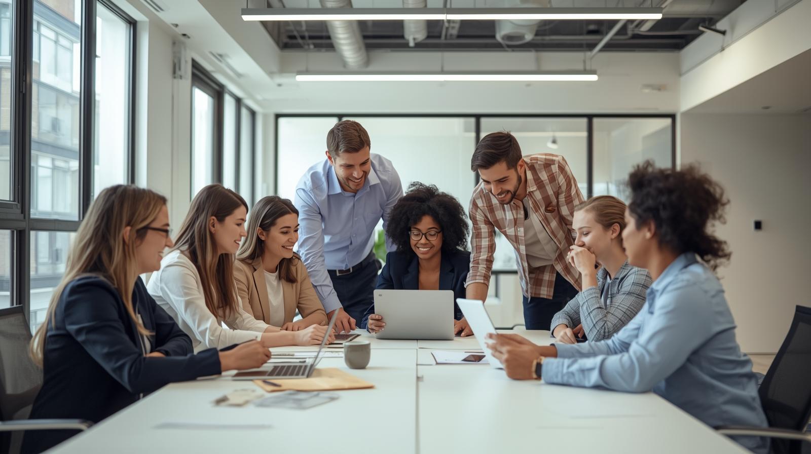 Team of professionals collaborating around a table with laptops and tablets, representing SME networking and lead management.