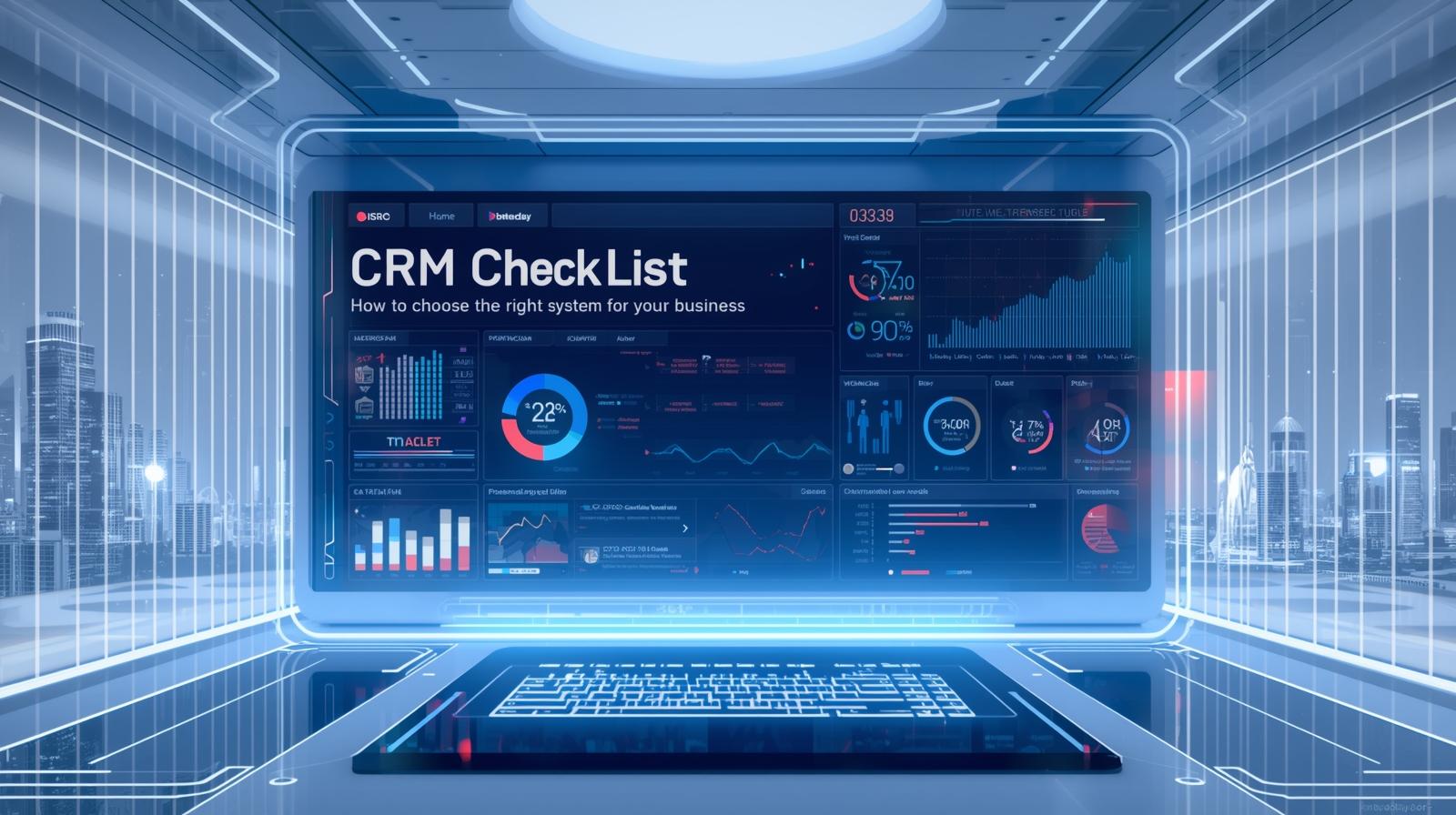 Futuristic dashboard displaying CRM analytics and performance metrics on a digital screen in a modern office setting.