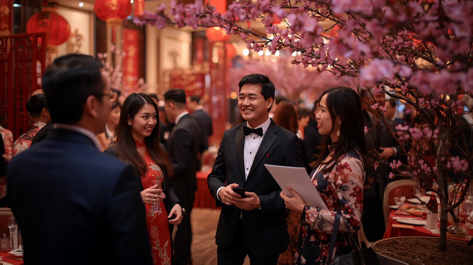 Professionals networking at a Chinese New Year event with festive decorations and cherry blossoms in the background.