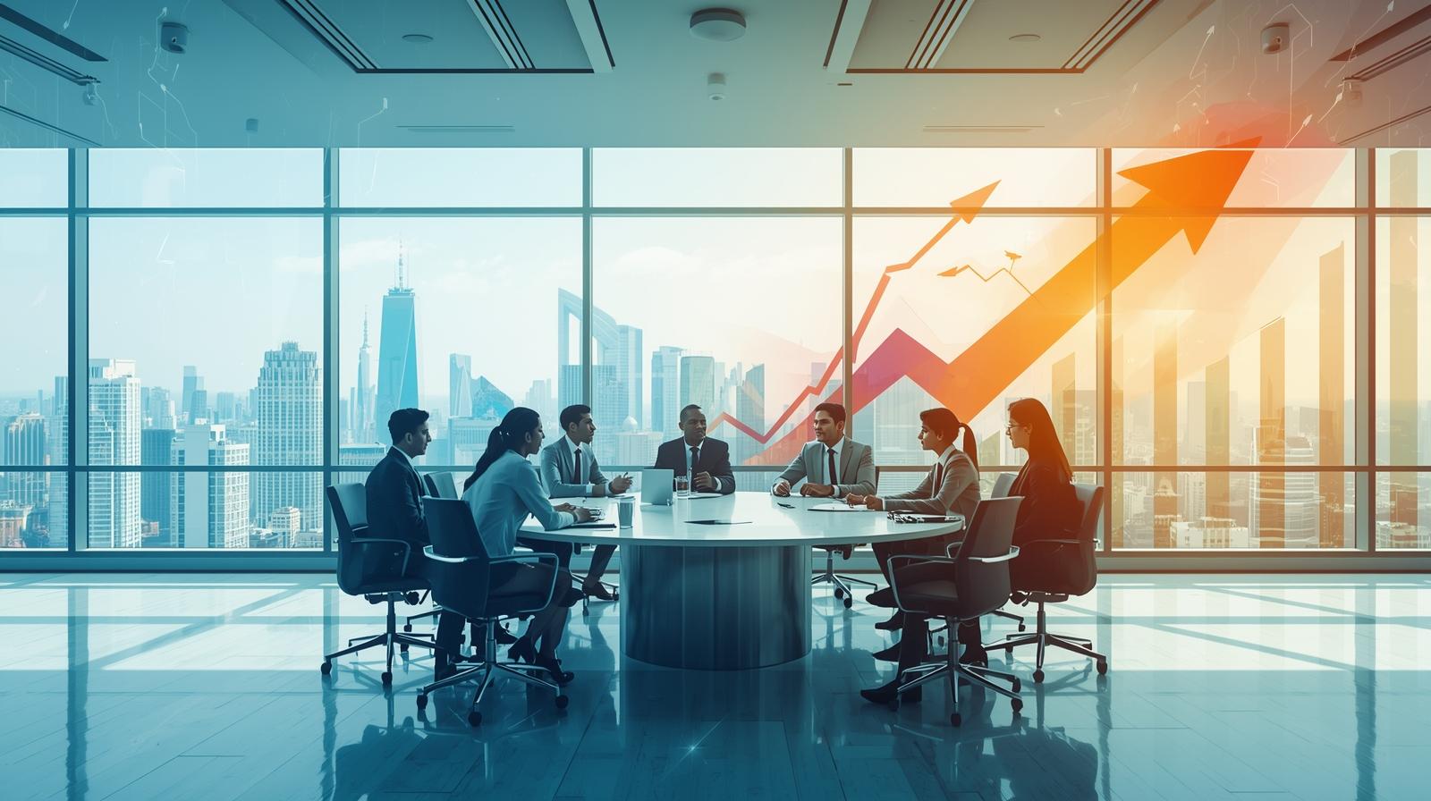 Business team meeting in a high-rise boardroom with city skyline backdrop and rising growth chart overlay.