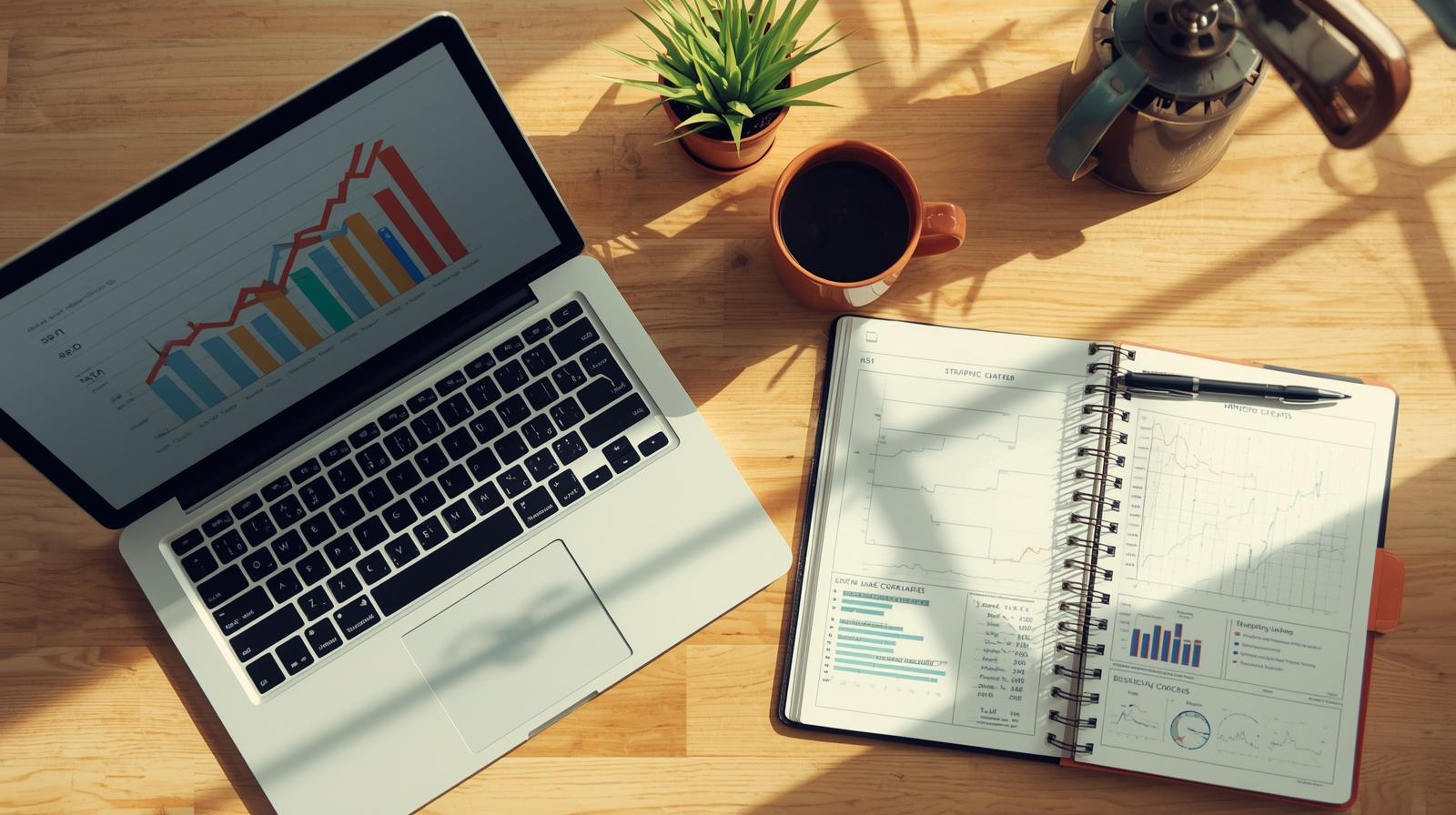 Laptop and notebook displaying business analytics charts on a desk with coffee and office supplies.