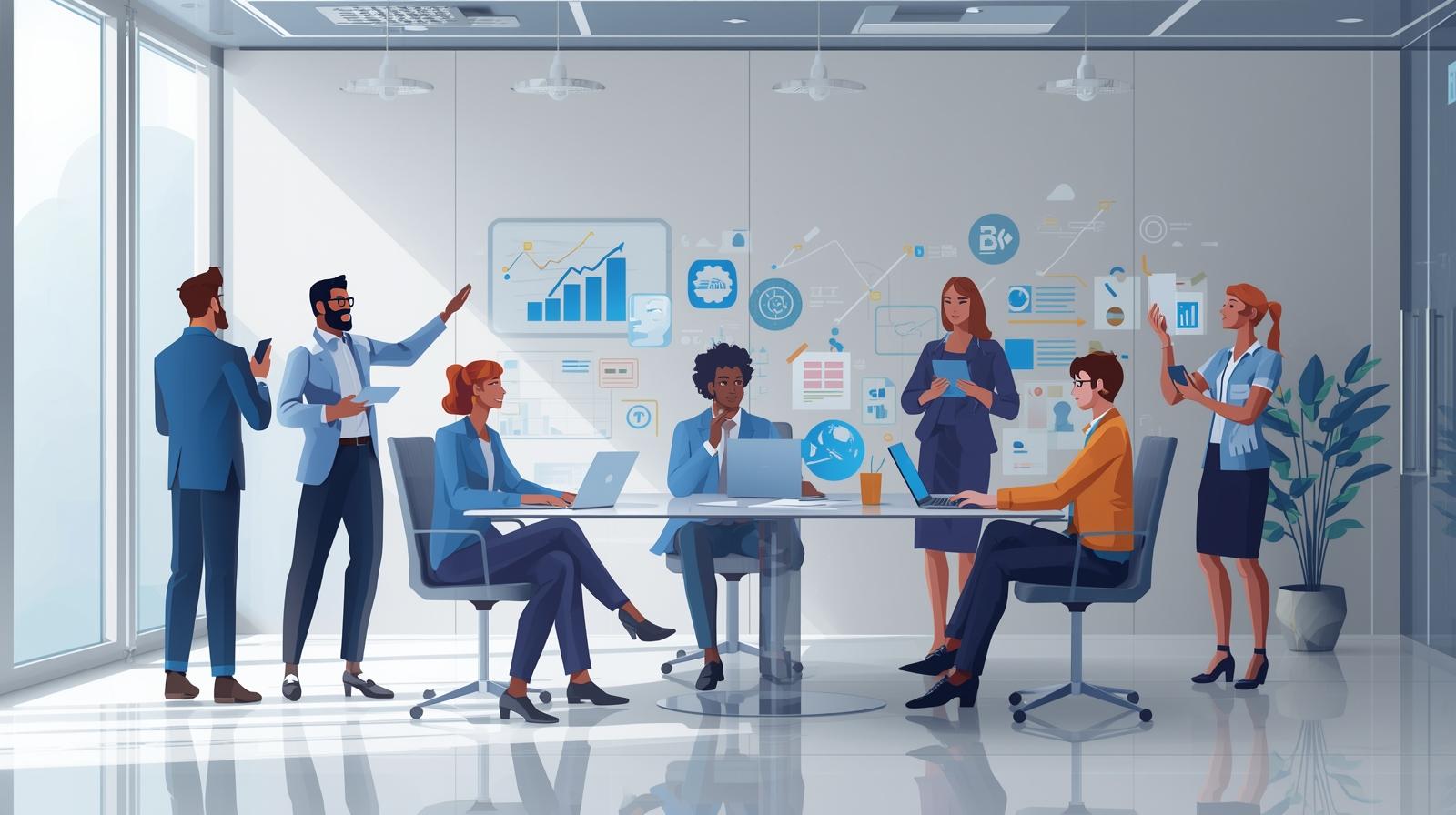 Illustrated team collaborating around a conference table with digital charts and CRM visuals in a modern office, branded for Carddio.