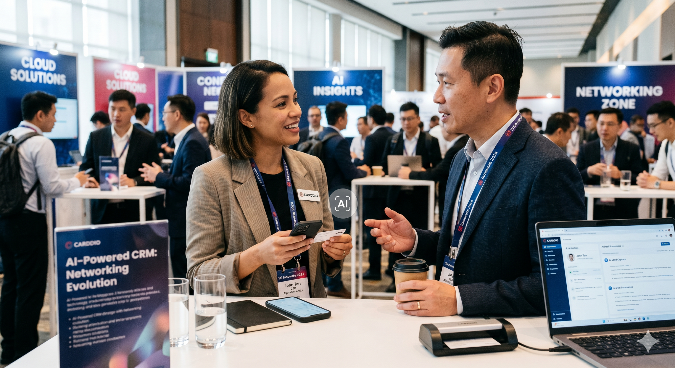 Professional networking event featuring business leaders connecting through an AI-powered CRM platform. The image highlights how Carddio leverages artificial intelligence to transform relationship management, streamline lead capture, and enhance networking opportunities through real-time insights, automated engagement tracking, and smarter business connections.