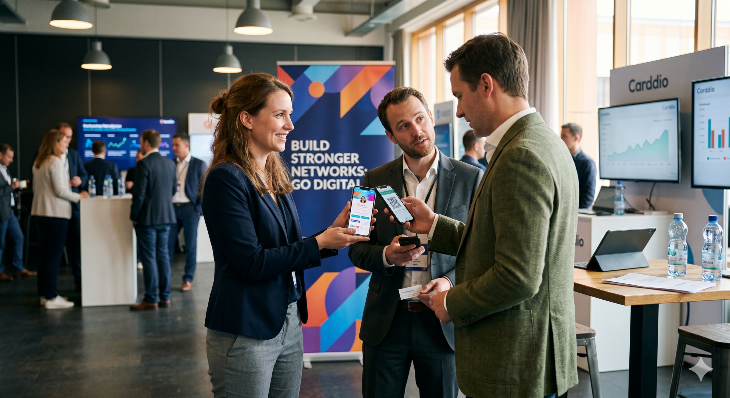 Professionals exchanging digital business profiles and networking at an industry event using Carddio to connect, share contact information, and build stronger business relationships.