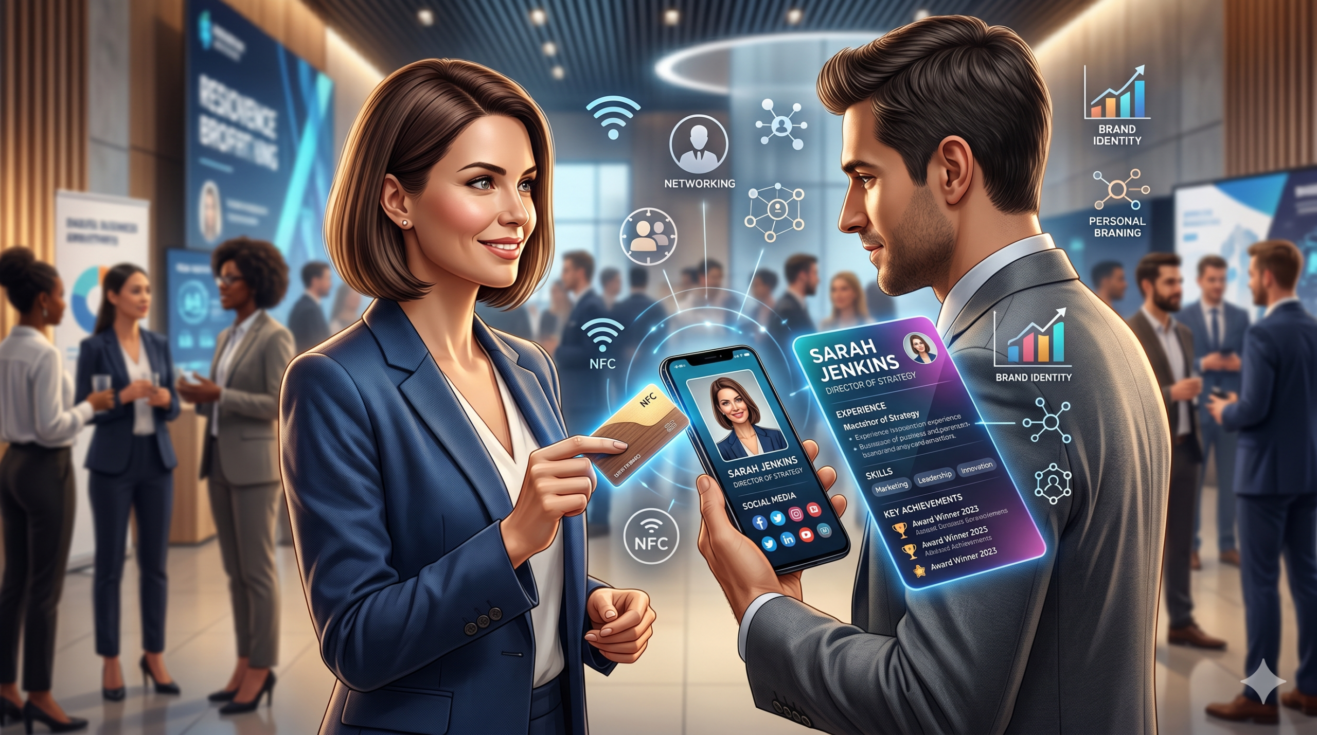 Professionals using a digital business profile and NFC business card at a networking event to strengthen personal branding and professional connections with Carddio.