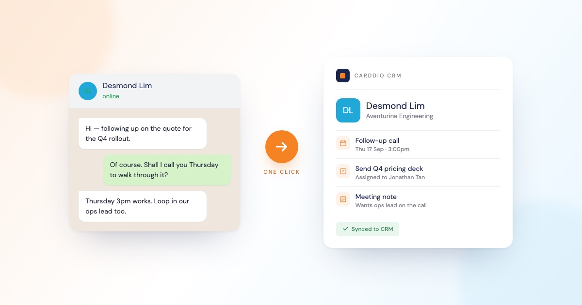 WhatsApp Web conversation saved into Carddio CRM as a contact with a follow-up call, task and meeting note